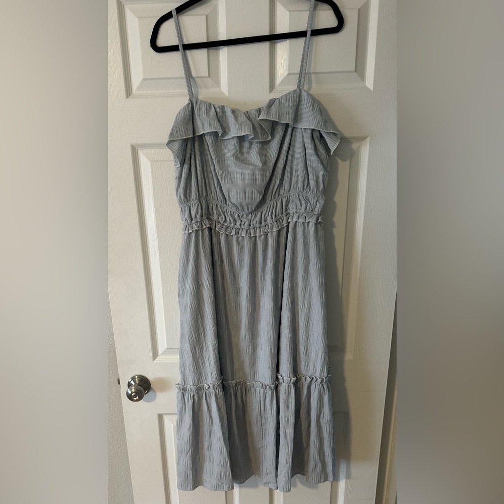 NWT T Tahari Ruffle Tiered Gingham Midi Dress Blue Gray White Lined Size XL. - Picture 3 of 7